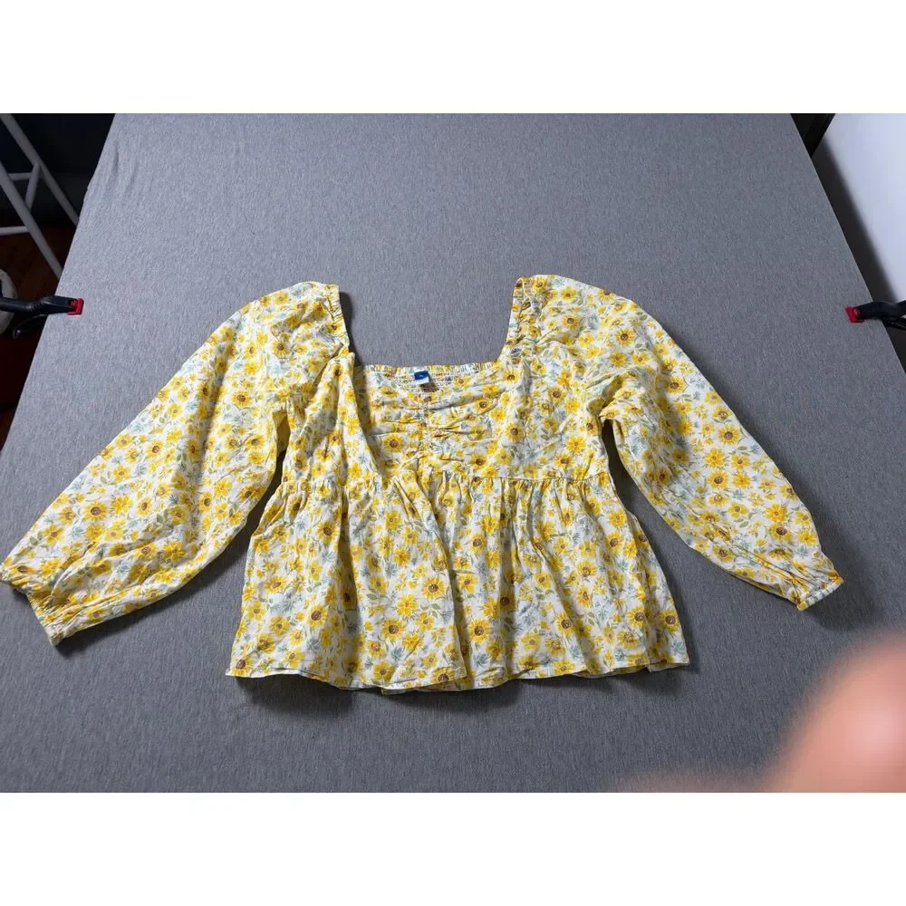 Old Navy Sunflower Peplum Smocked Square Neck Blouse Peasant Puff Long Sleeve XL